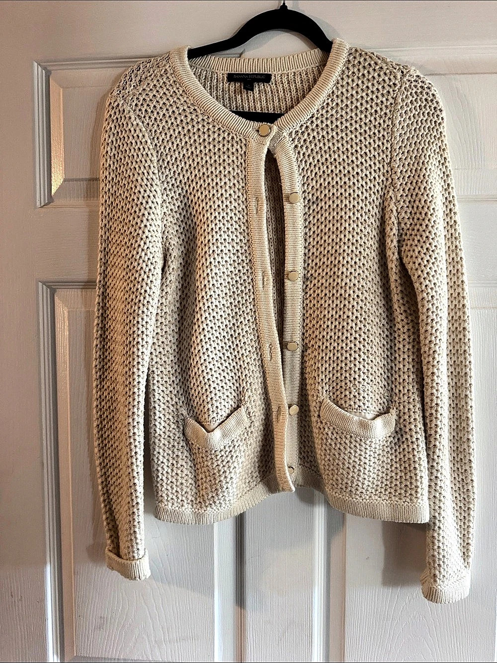 Banana Republic Metallic Shimmer Button-Front Cardigan with Pockets Cream Small